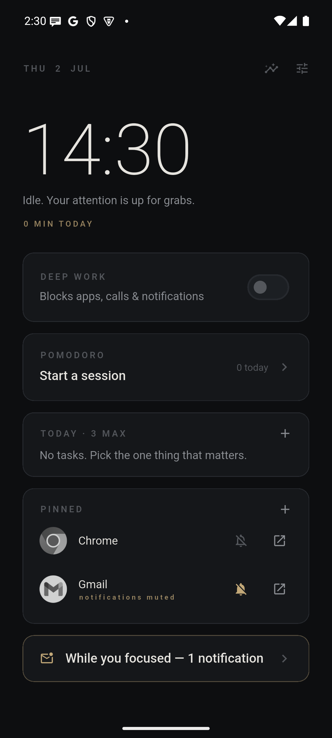 Focus digest showing notifications caught during deep work, with pinned apps below