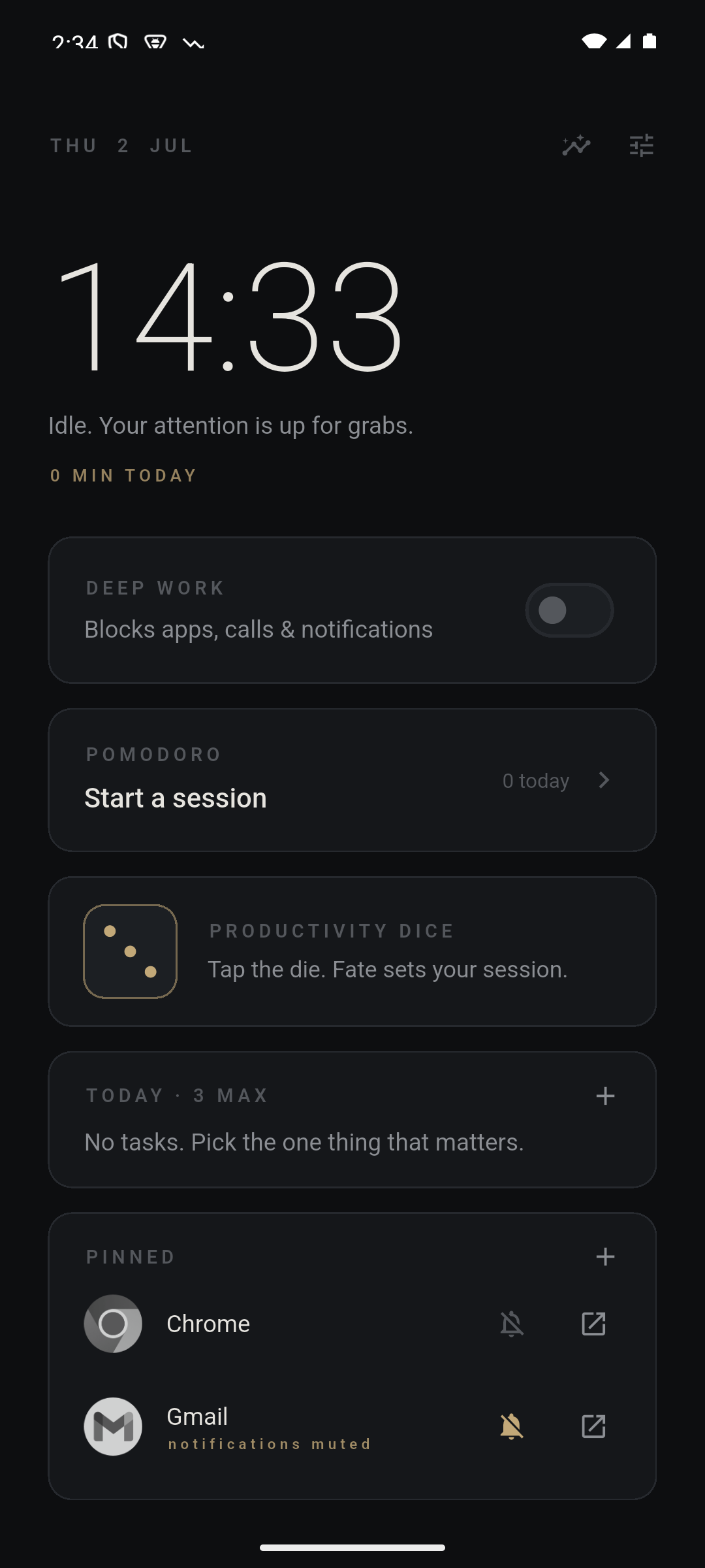Mono home screen showing deep work switch, pomodoro timer, tasks, and pinned apps