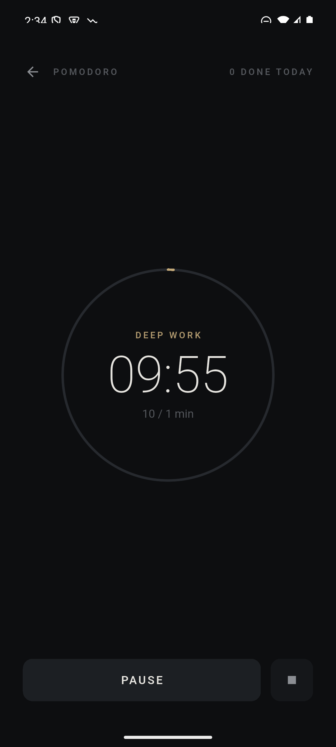 Pomodoro timer showing a deep work session in progress